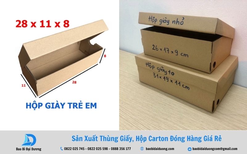 Kích thước hộp đựng giày giấy carton phổ biến